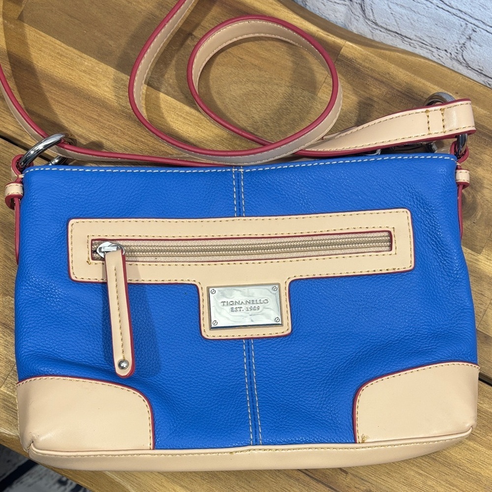 Tignanello Blue and Tan Crossbody Bag with Red Accents